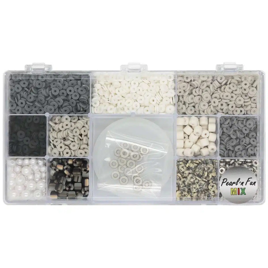 Heishi Fimo perlemix m/elastiksnor sort/grå/hvid