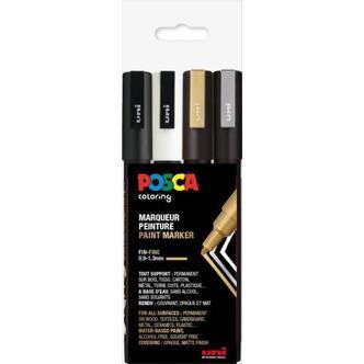 Posca Tusser Sæt Guld, Sølv, Hvid, Sort PC-3M - 4 stk.