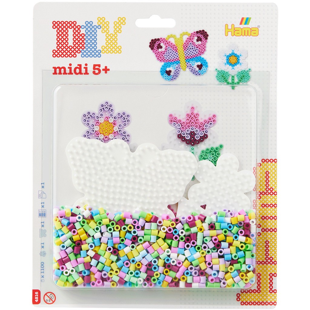 Hama Midi Perlesæt - Sommerfugl + Blomst 1.100 Perler + 2 Perleplader