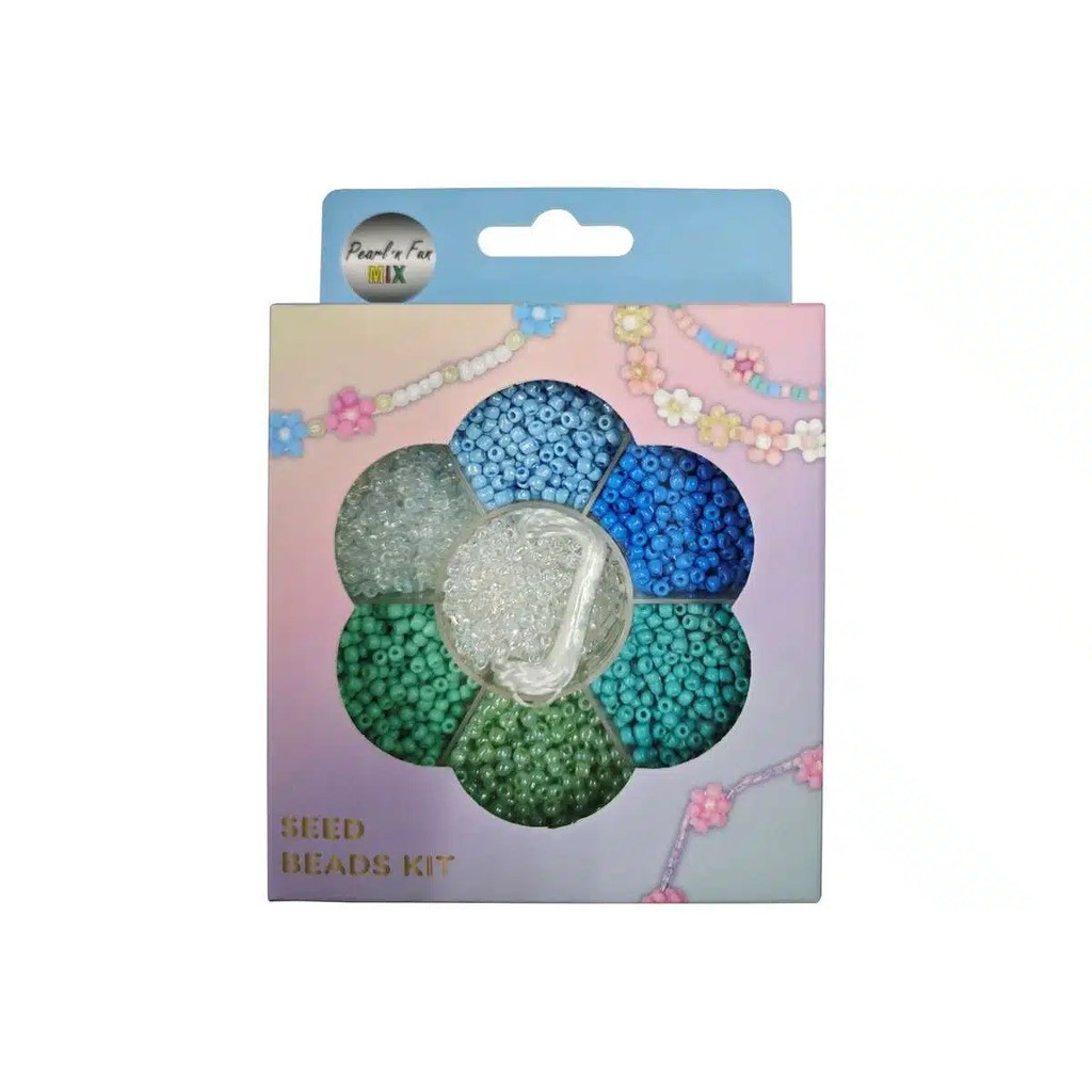 Glasperlemix 90g blå/grøn/klar, Inkl. smykkesnor