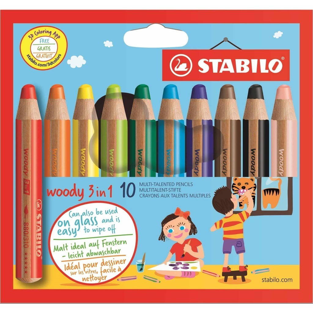 Stabilo Woody 3 i 1, kan tegne på glas - 10 stk