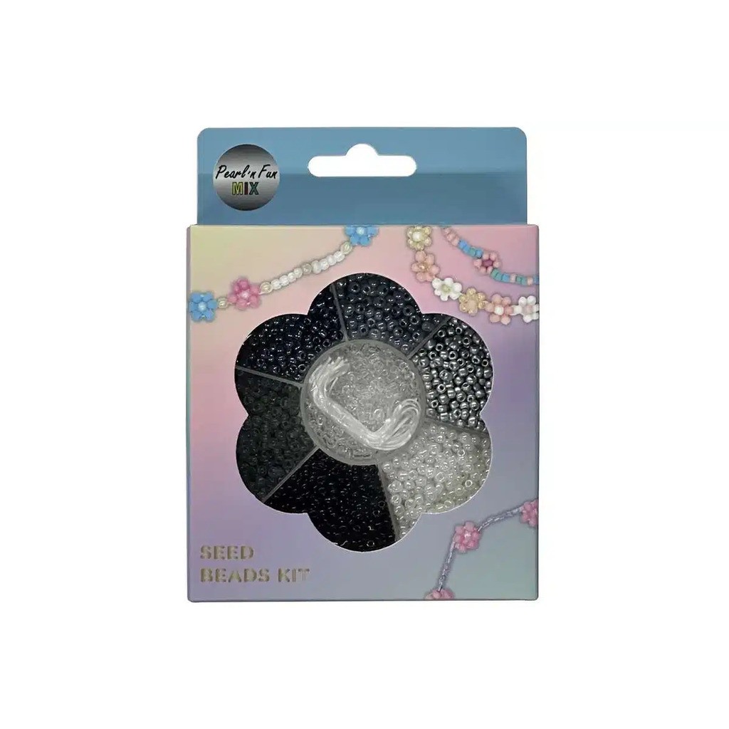 Glasperlemix 90g sort/grå/hvid, inkl. smykkesnor