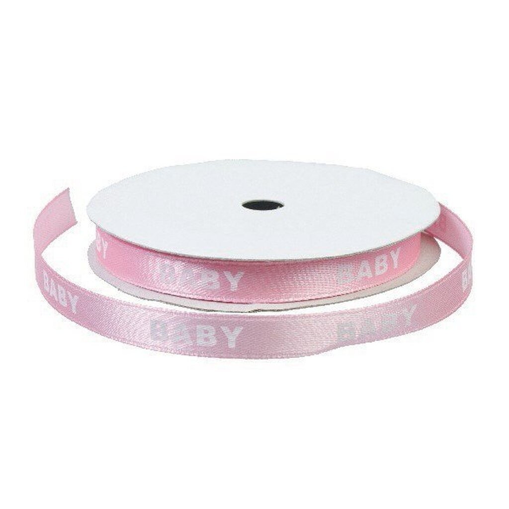 Satinbånd 'BABY' pink m/hvid 9mm 9m