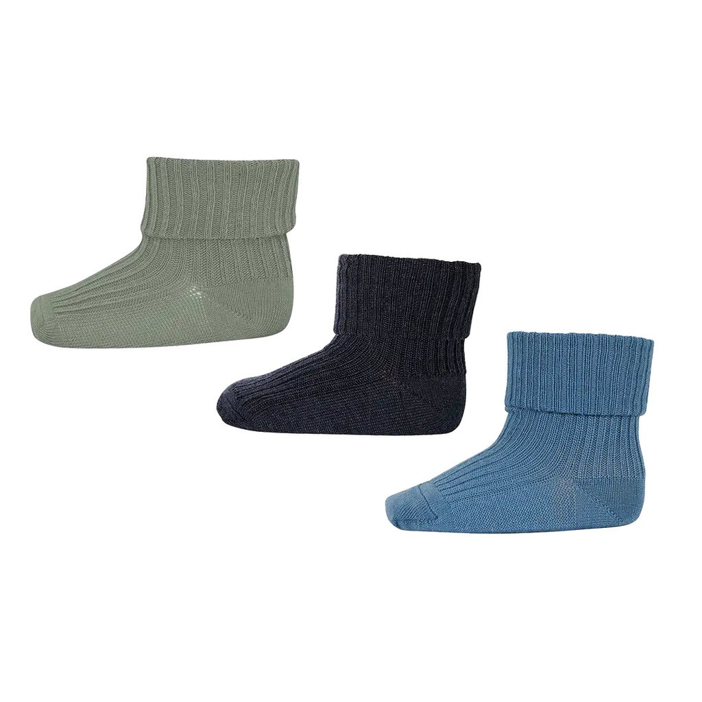Uld rib baby strømpe 3 pak - Dark Denim Melange - 19/21