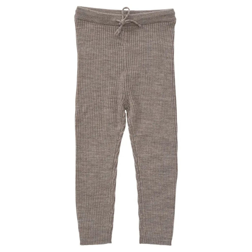 Klassisk merino rib leggings m. bindebånd - LYS BRUN - 74