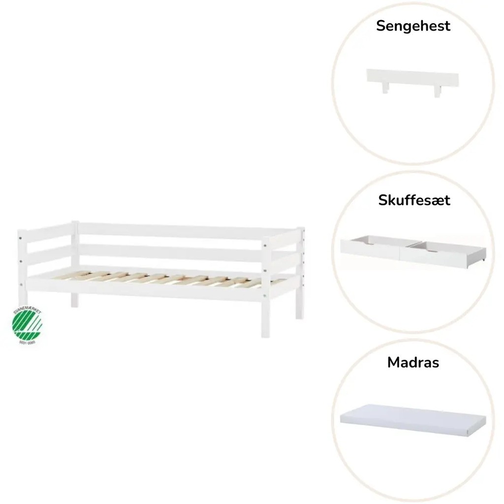 ECO Comfort Juniorseng hvid, med sengehest, skuffesæt og madras