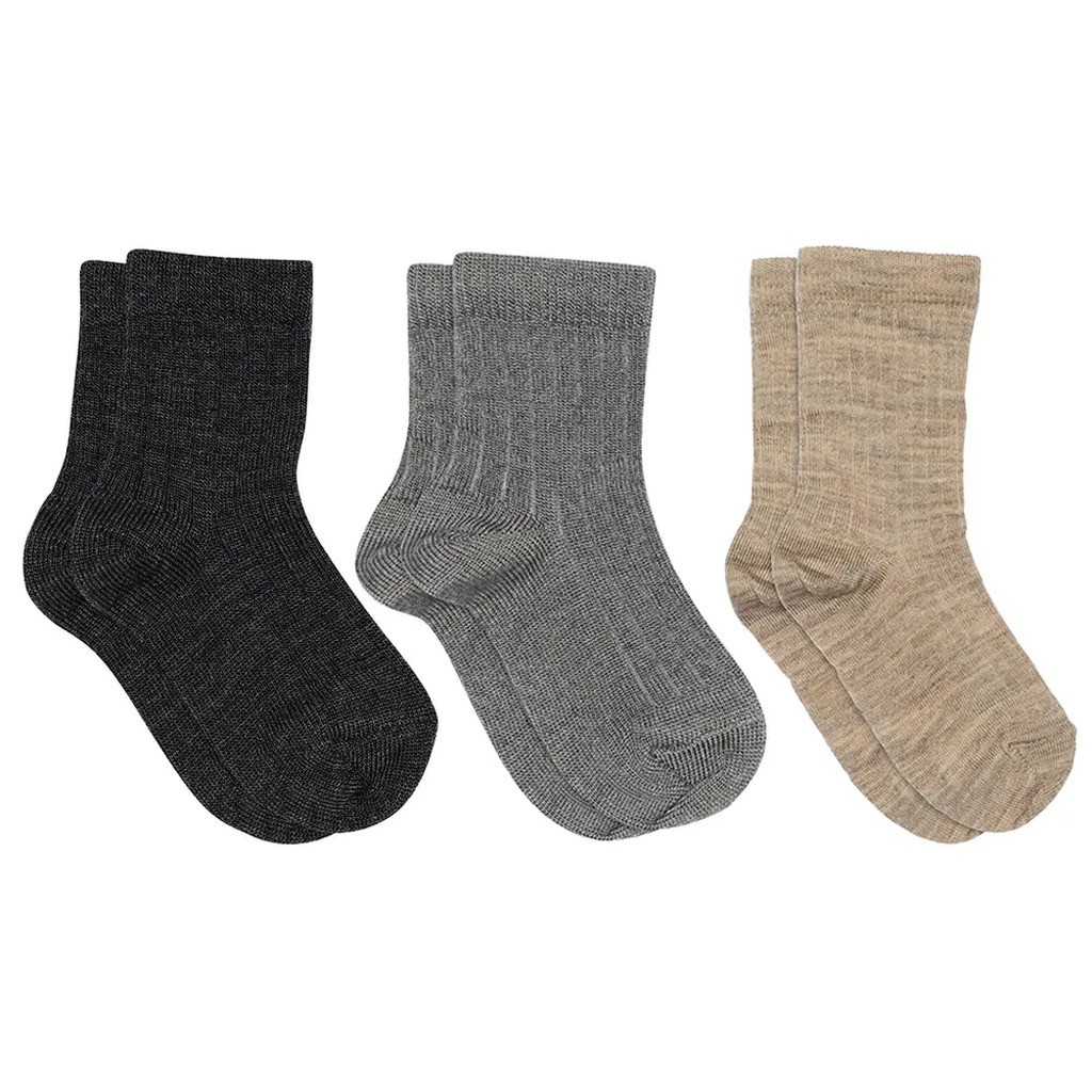 Uldl rib strømper 3-pak - Dark Grey Melange - 33/36