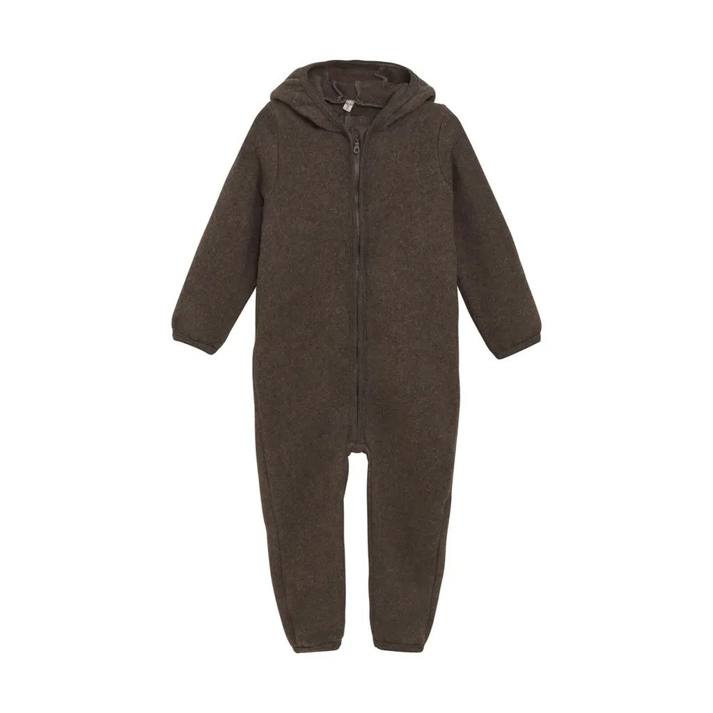 Køredragt m. ører Uld Fleece - Brown Melange - 80