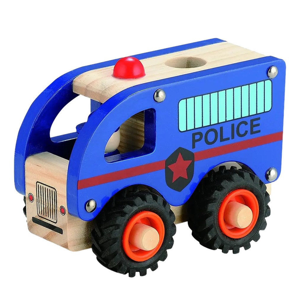 Politibus i træ med gummihjul
