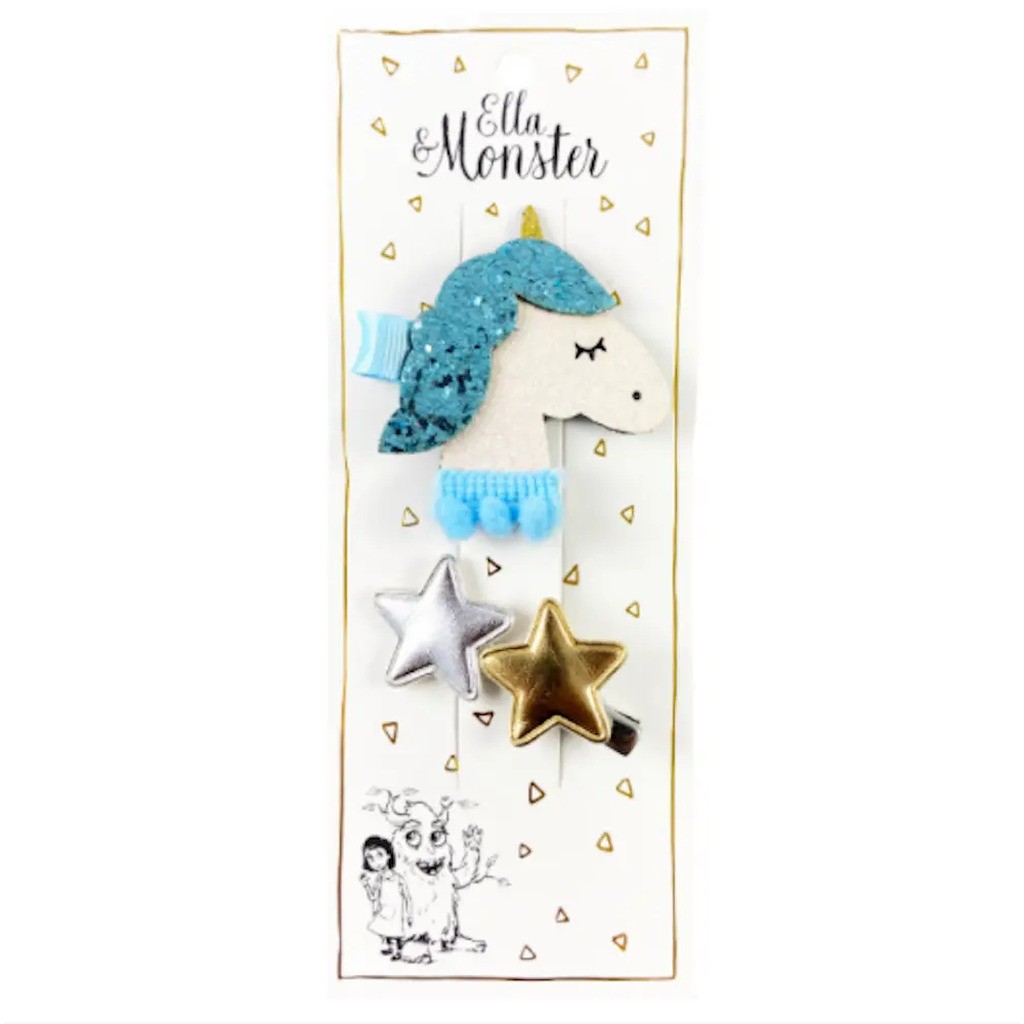 Hårclips Big Romantic Unicorn Star Blue
