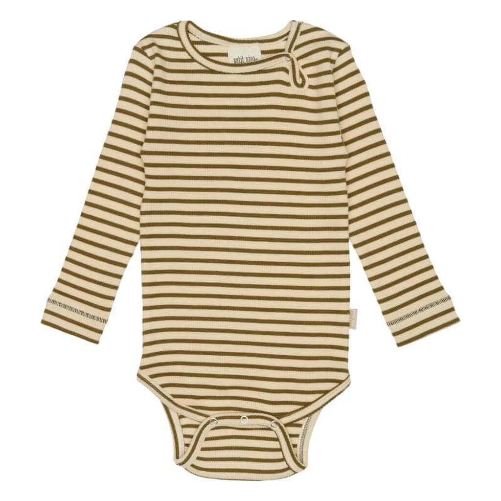 Petit Piao -  Body L/S Modal Striped - Leaves/Cream - 80