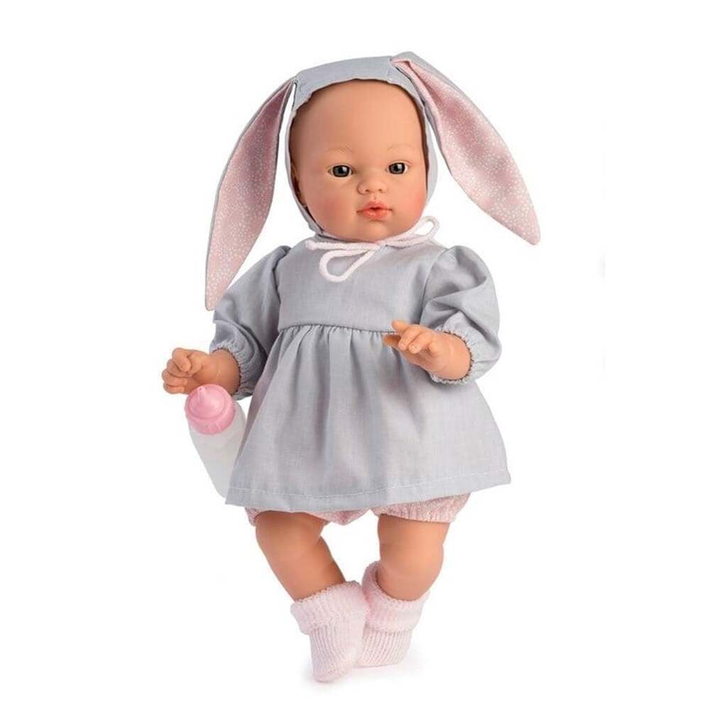 Asi Koke baby doll in gray dress with a hood with rabbit ears 36 cm