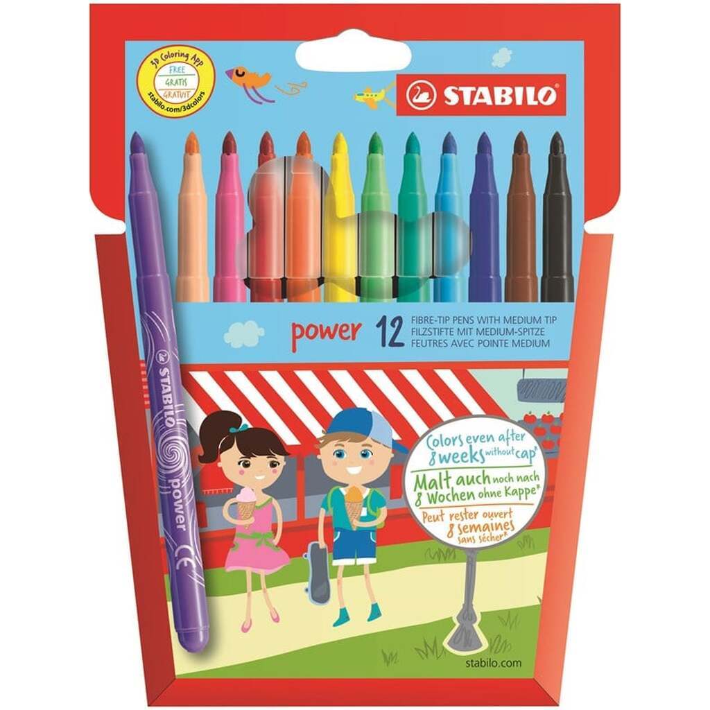 STABILO  Power fiber pen  sæt med 12 penne. Vaskbart blæk og kan ligge uden hætte i 8 uger