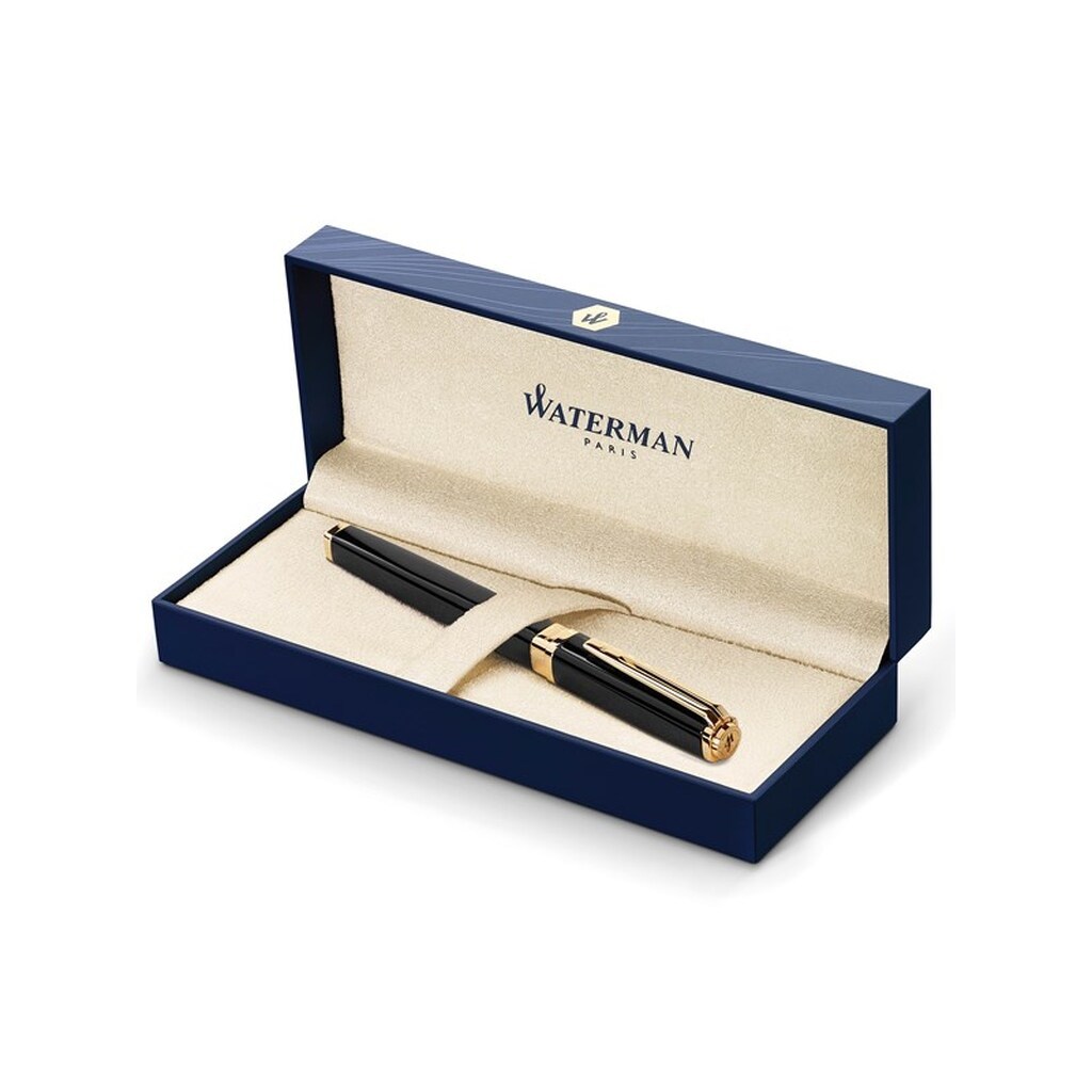 Waterman Undtagelse Fountain Pen | Slank sort med 23k guldclips | Fin spids med blå blækpatron | Gaveæske