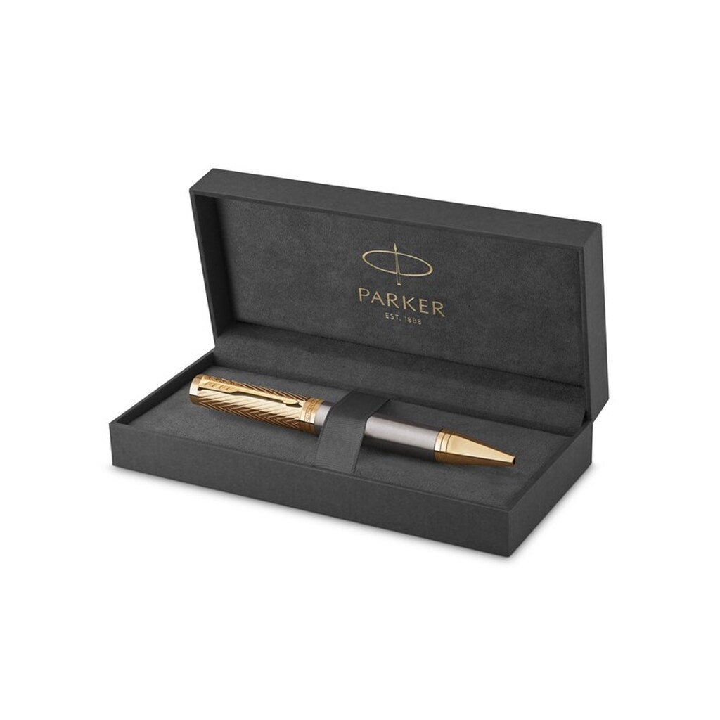 Parker Ingenuity  Pioneers Collection Kuglepen | Grålakeret med guldhætte &amp; beklædning | Medium spids | Sort blæk | Gaveæske