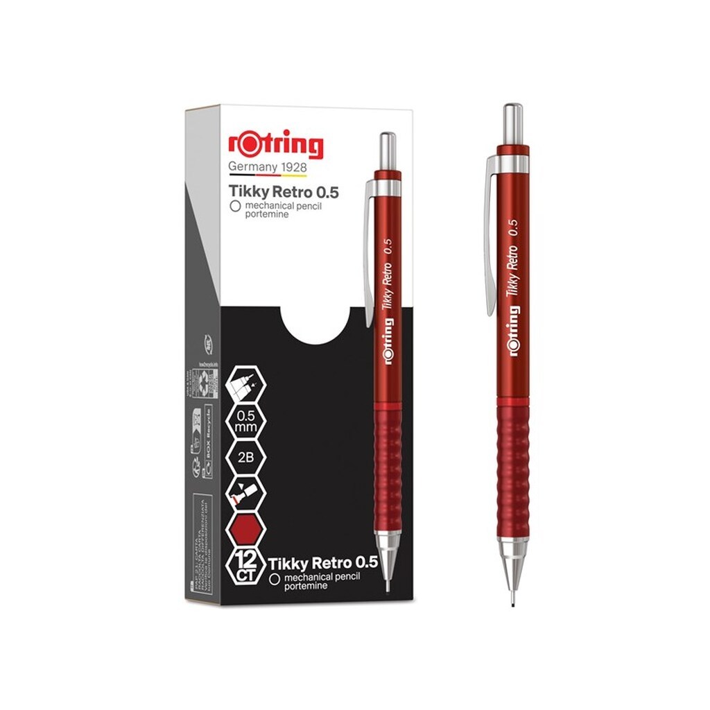 Rotring rOtring Tikky Retro Mekaniske Blyanter | 2B 0,5 mm | Rødt skaft | med Komfort Rillet Greb | 12 Stk