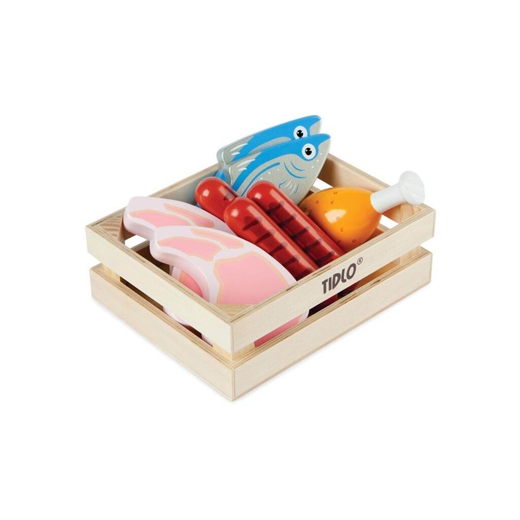 Tidlo Wooden Play Food Meat and Fish in Box 8 pieces.