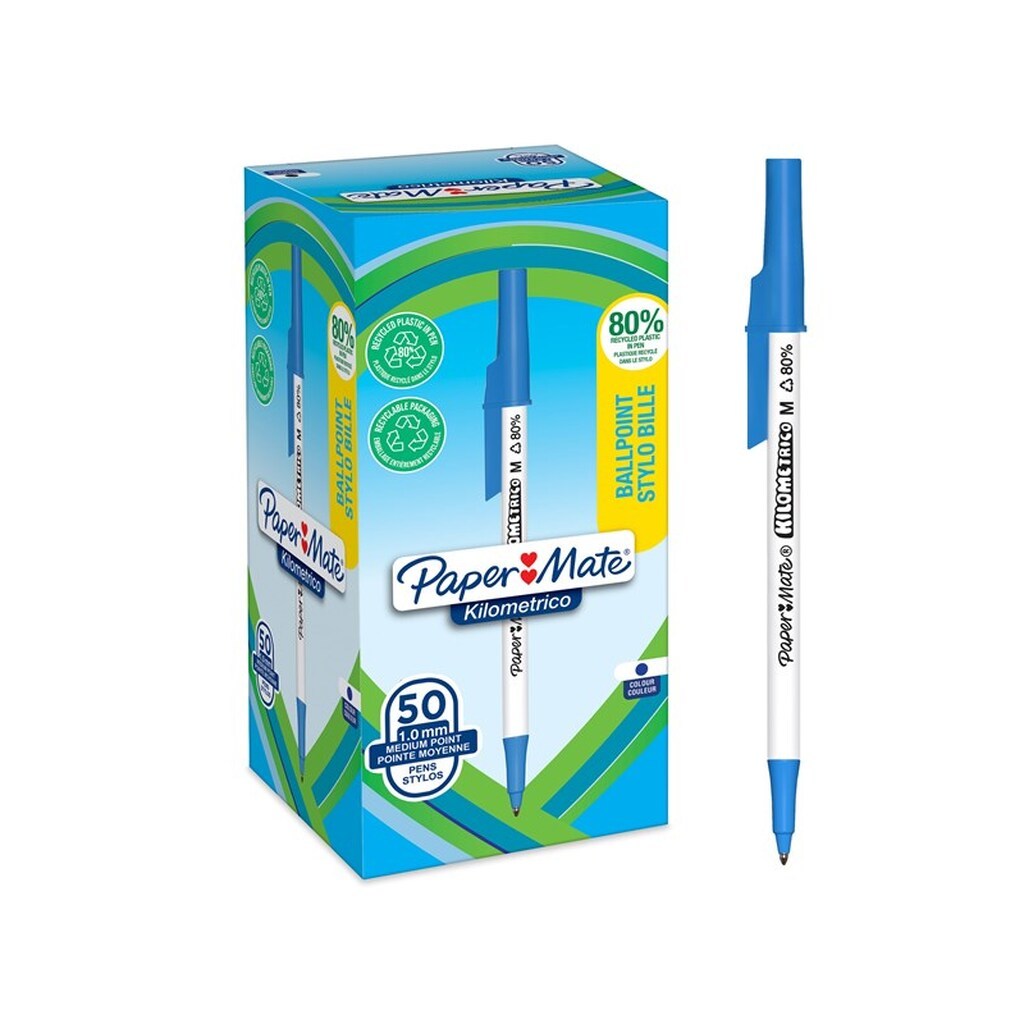 Paper Mate Kilometrico kuglepenne | Lang skrivning med mellempunkt (1,0 mm) | Blåt blæk | 80% genanvendt plast | 50 Stk