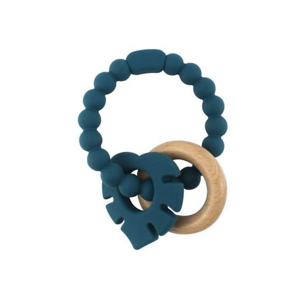Magni Teether bracelet in LFGB silicone with wooden ring and leaf appendix - Blue