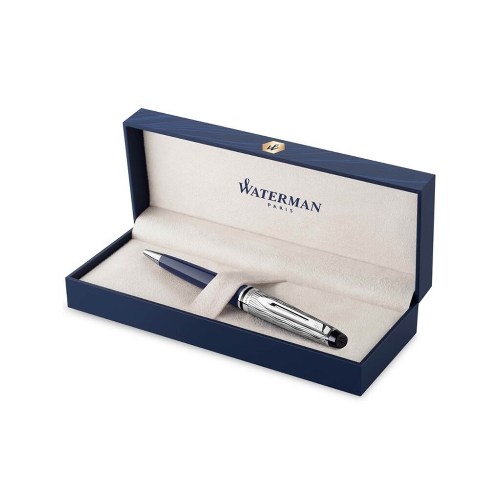 Waterman ekspert kuglepen | Metal &amp; blå lak | Mejslet kasket | Blåt blæk | Gaveæske