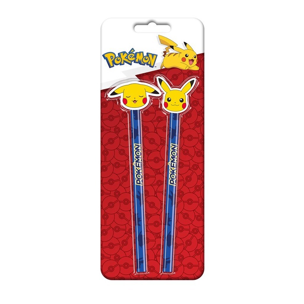 Euromic POKÉMON 2-pack pencils w/2 eraser toppers - triangular pencils unsharpened each with eraser topper packed on blistercard w/eurohole CE &amp; 0-3 years pictogram
