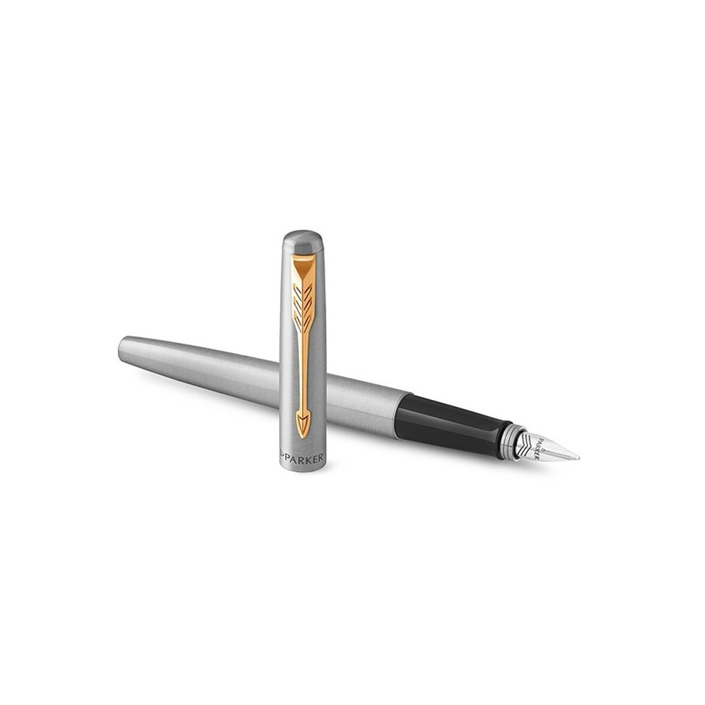 Parker Jotter-fyldepen | rustfrit stål med detaljer i guld | medium spids blå blæk | inkluderer gaveæske