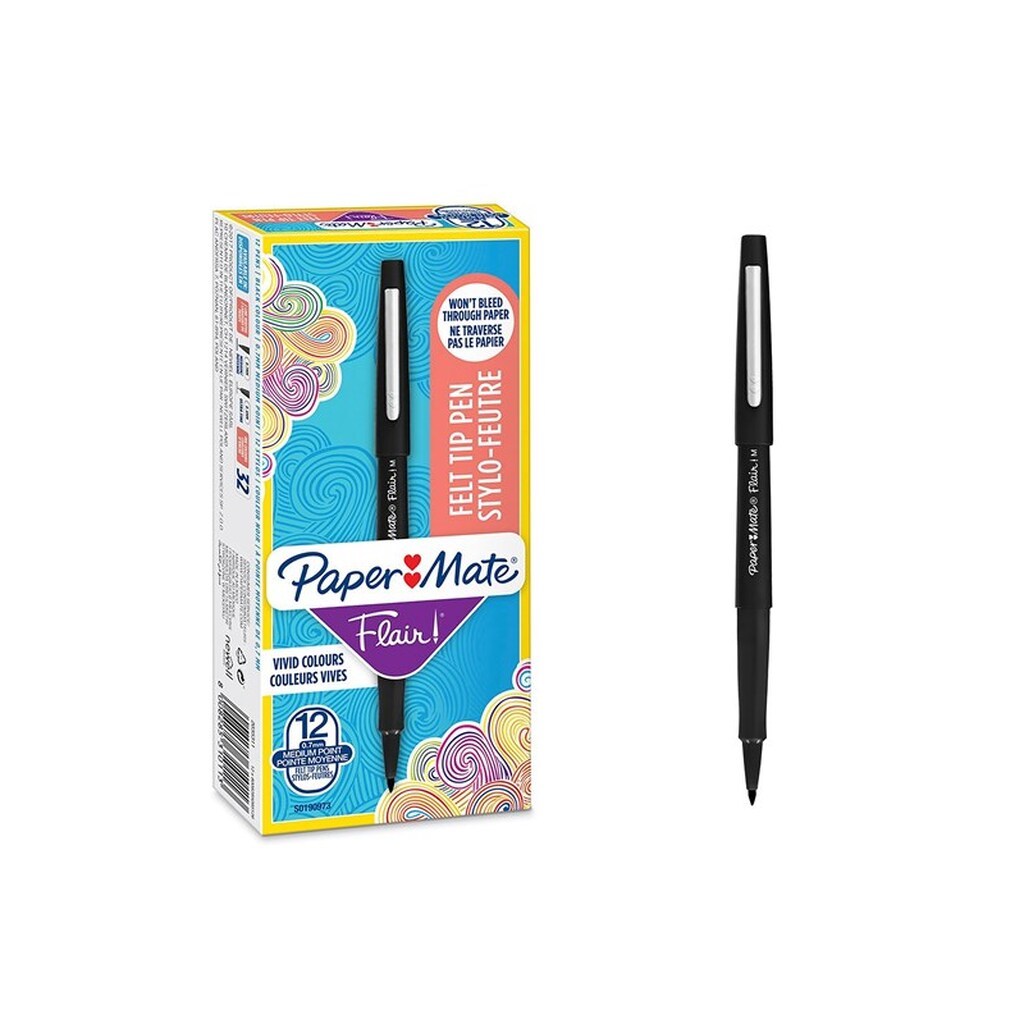 Paper Mate Flair Felt Tip Pens | Medium spids (0,7 mm) | Sort | 12 styk