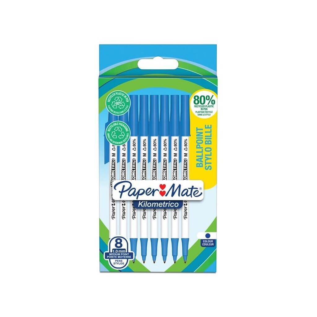 Paper Mate Kilometrico kuglepenne | Lang skrivning med mellempunkt (1,0 mm) | Blåt blæk | 80% genanvendt plast | 8 Stk