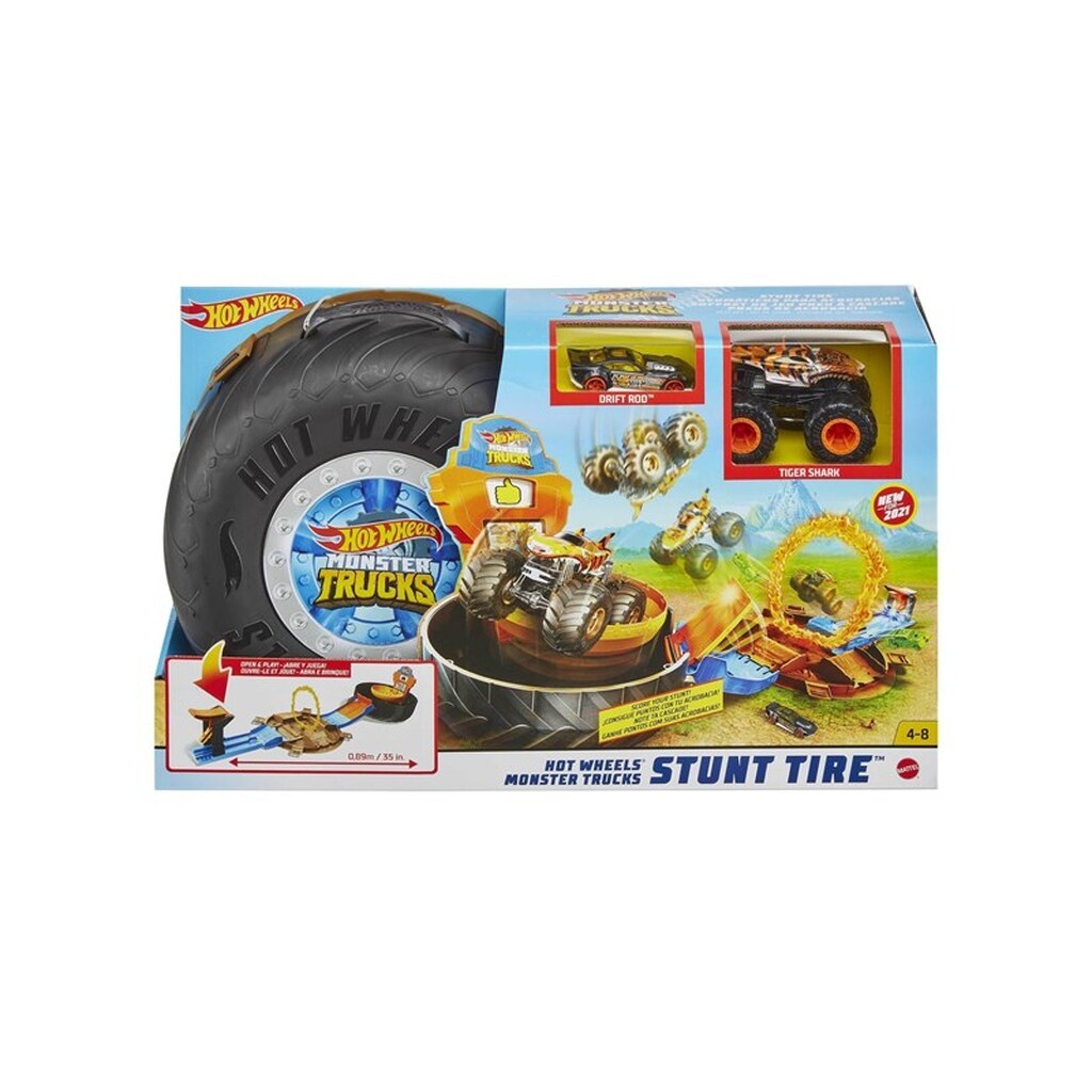 Hot Wheels Monster Trucks Stunt Tire Play Set With Launcher 1  1:64 Scale Car &amp; 1 Monster Truck