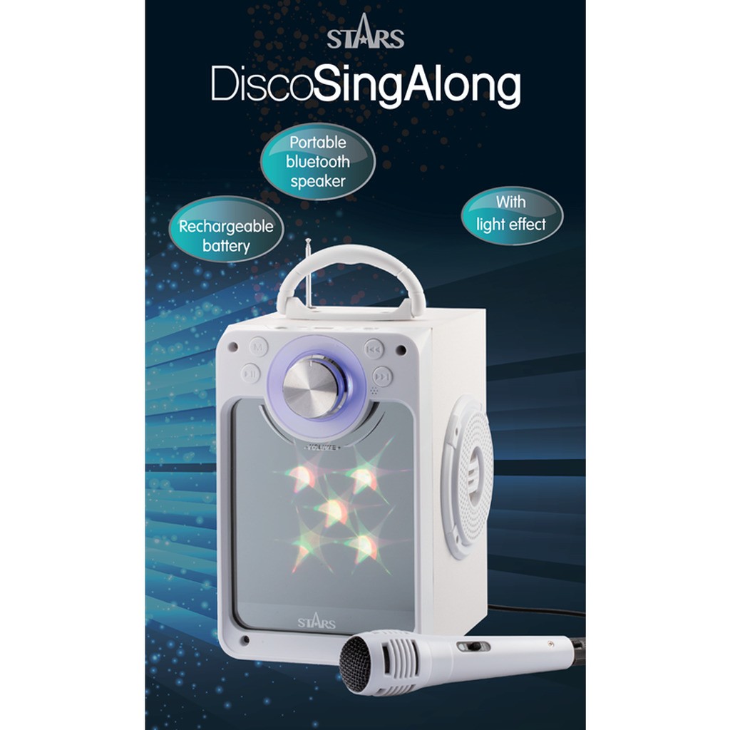 Stars Karaoke maskine med lyseffekter, mikrofon og Bluetooth, hvid