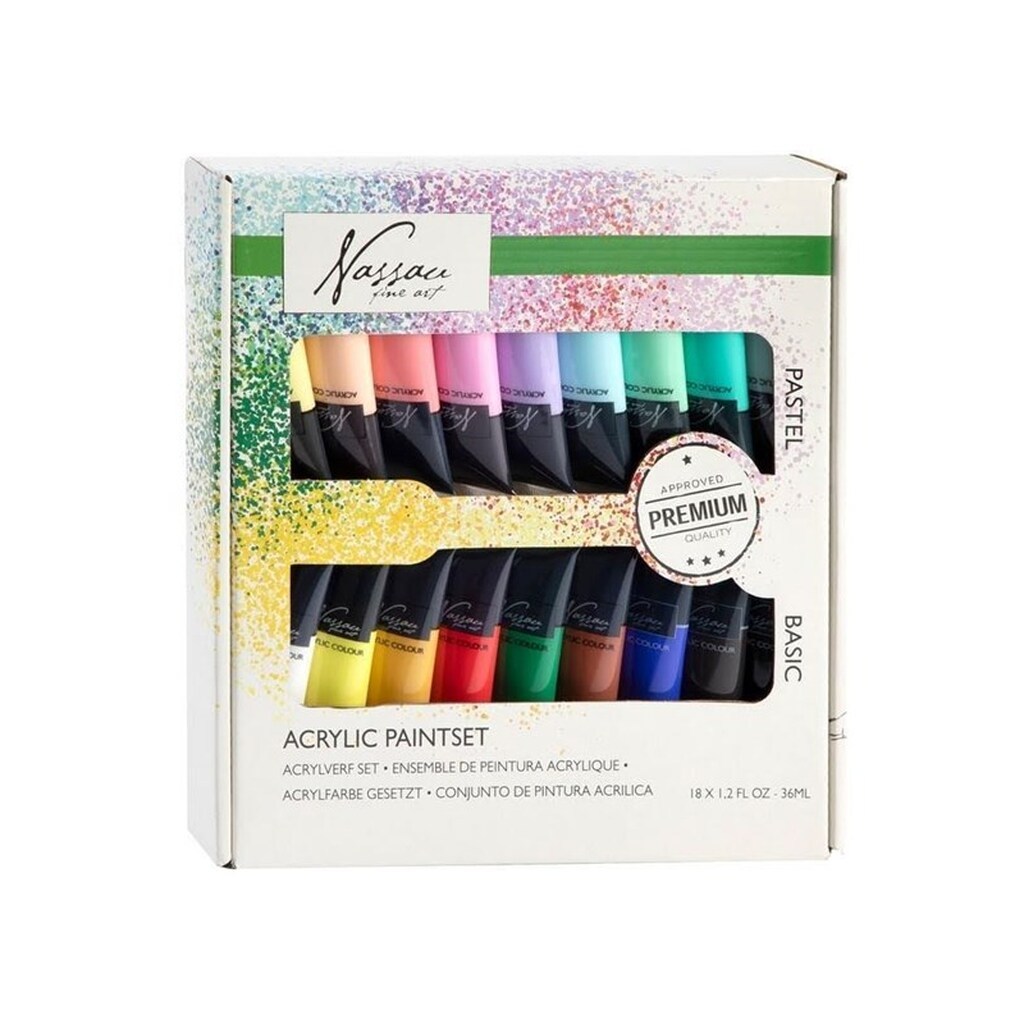 Nassau Akryl maling 18tuber 36ml., i gaveæske
