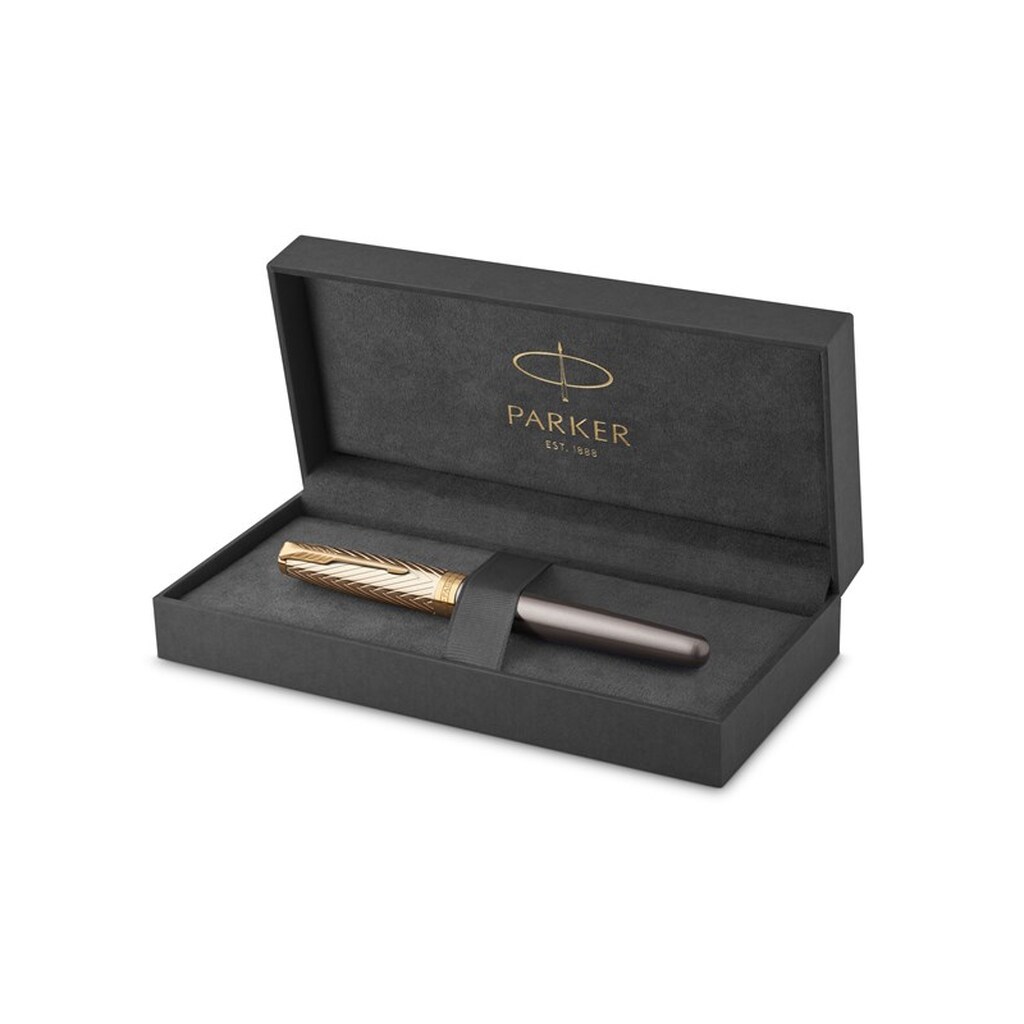 Parker Sonnet  Pioneers Collection Fyldepen | Grålakeret med guldhætte &amp; beklædning | Medium massiv guldspids | Sort blæk og konverter | Gaveæske