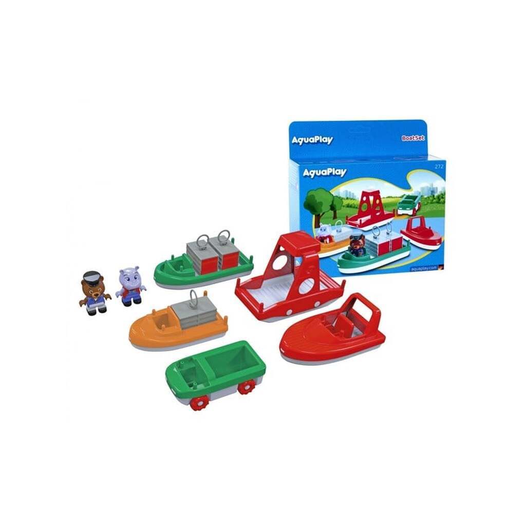 Aquaplay Bådsæt m/4 både, 1 amfibie køretøj, 2 figurer