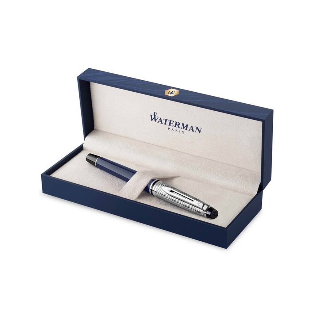 Waterman ekspert fyldepen | Metal &amp; blå lak | Mejslet kasket | Rustfrit stål Fine Nib | Blåt blæk | Gaveæske