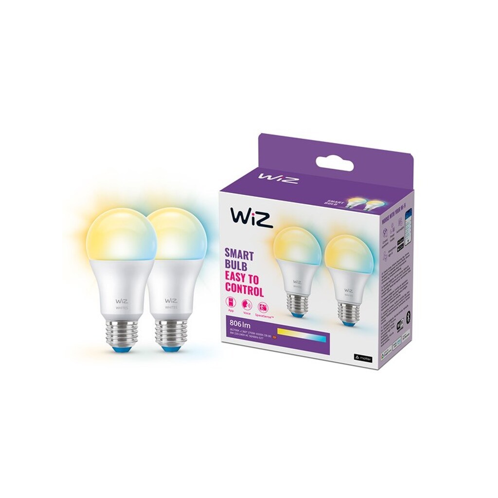 WiZ Tunable A60 E27 Smart LED-pære 2-pak - Dæmpbart varmt til koldt hvidt LED-lys