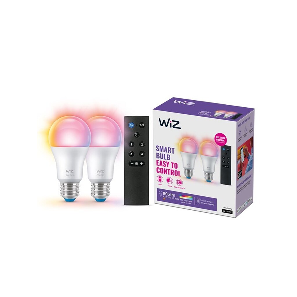WiZ Full Color A60 E27 Smart LED-pære 2-pak med Mote - RGB/16 millioner farver + dæmpbart hvidt LED-lys