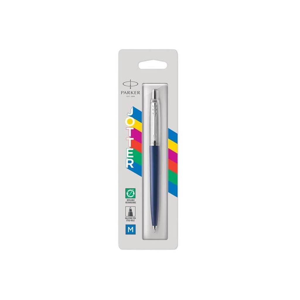 Parker Jotter Originals-kuglepen, marineblå lakering, medium spids, blå blæk, boblepakke