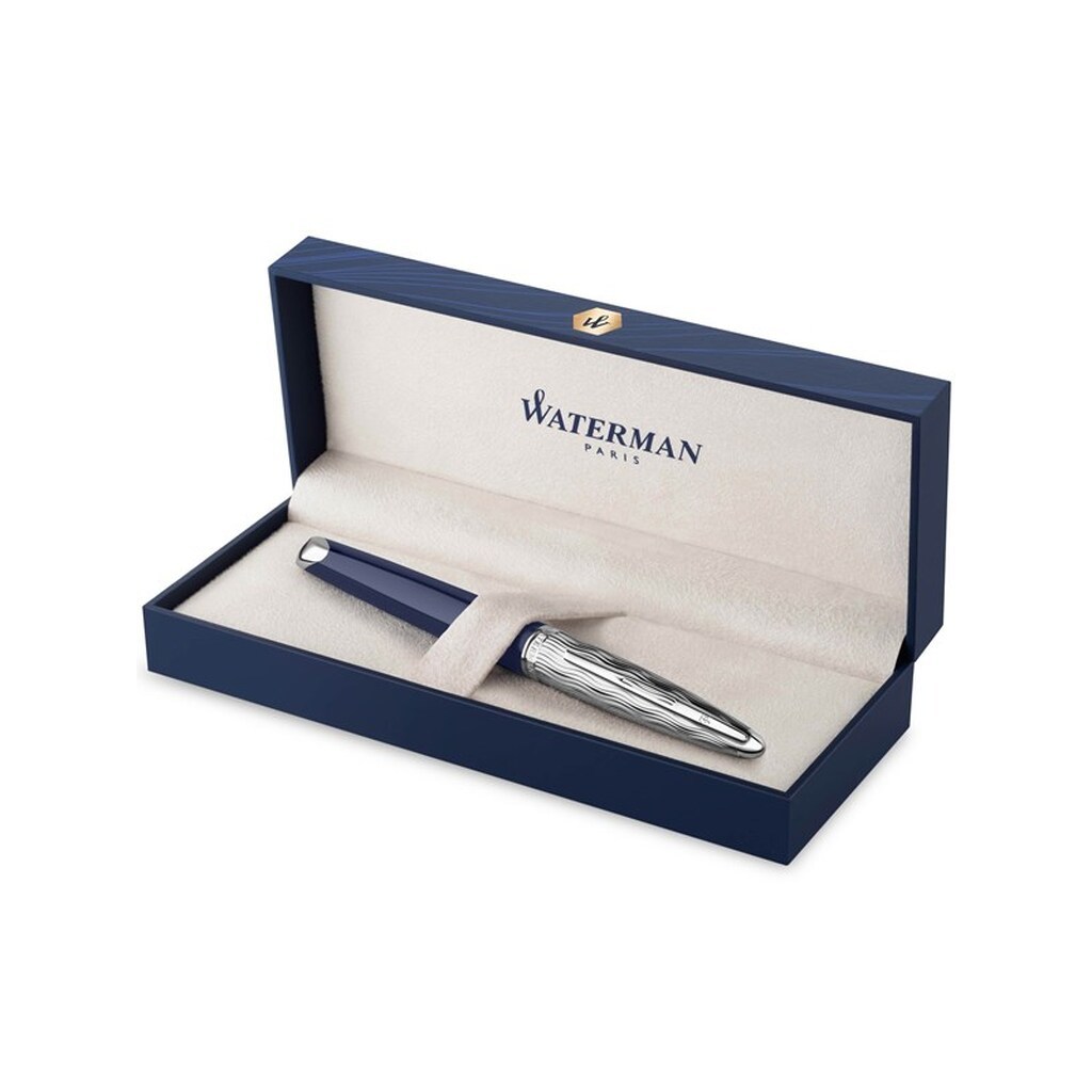 Waterman Carene fyldepen | Metal &amp; blå lak | Mejslet kasket | 18K guld medium nib | Blåt blæk | Gaveæske