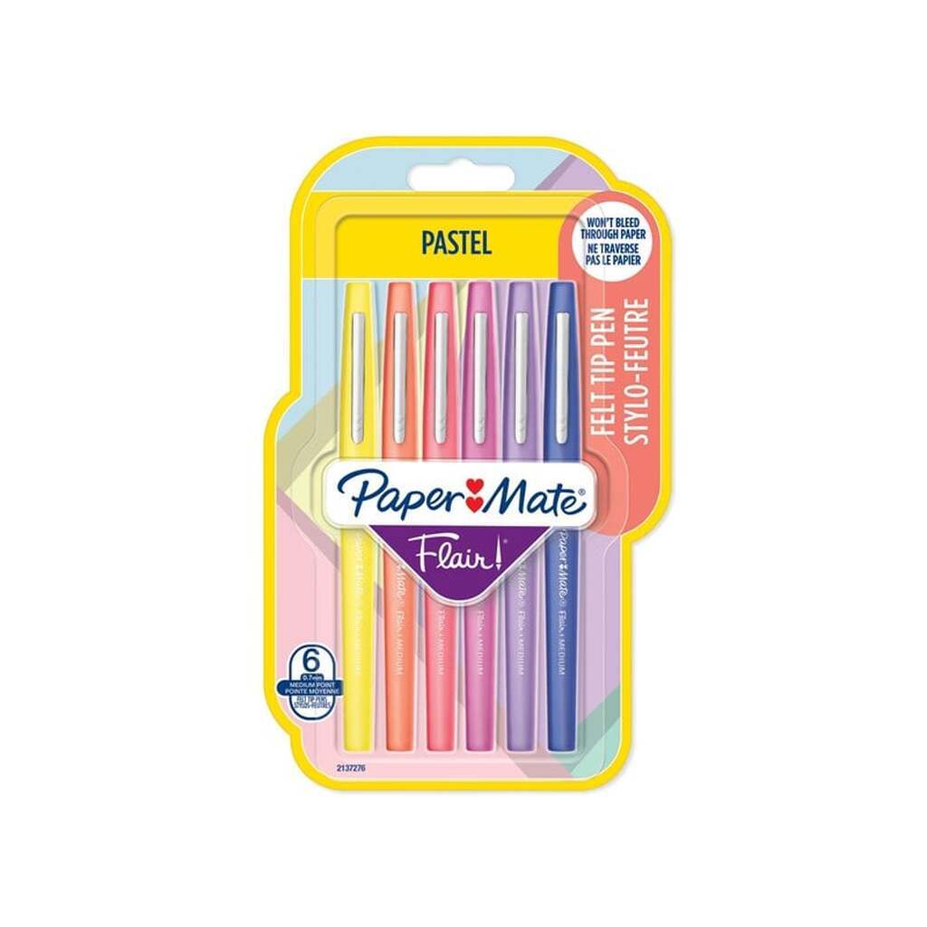 Paper Mate Flair Felt Tip Pens | Medium spids (0,7 mm) | Pastelfarver | 6 styk
