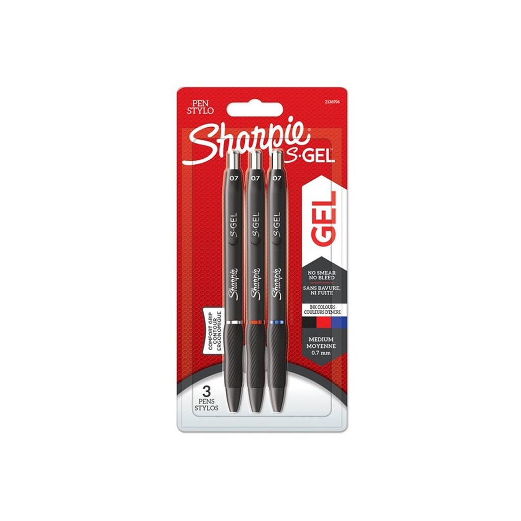 Sharpie S-Gel | Gelpenne | Medium spids (0,7 mm) | Sort, rødt og blåt blæk | 3 styk