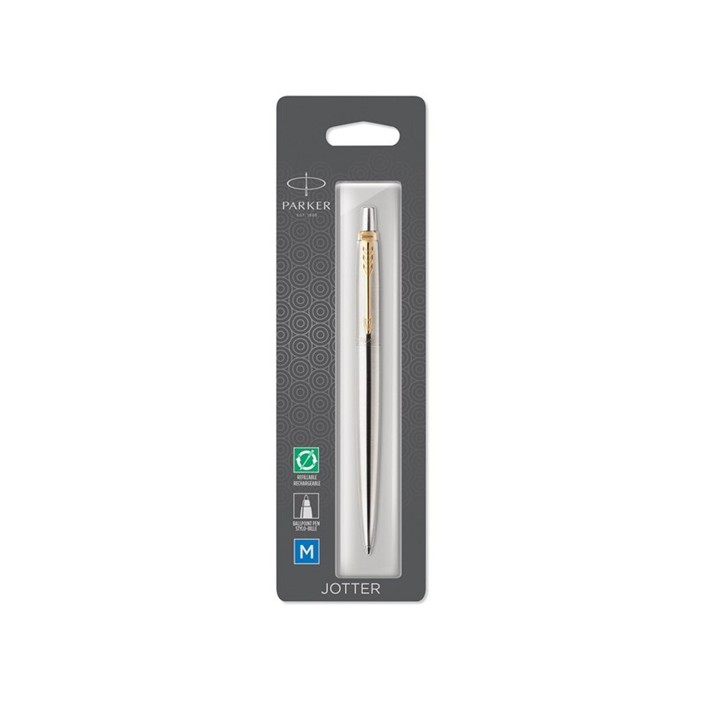 Parker Jotter kuglepen | rustfrit stål med gyldne detaljer | medium spids blå blæk