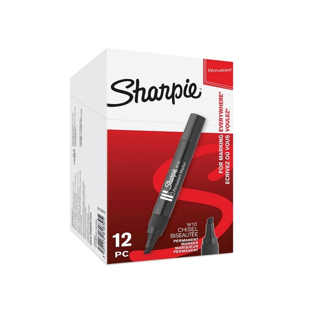 Sharpie W10 Permanent Markers | Mejselspids | Sort blæk | 12 styk