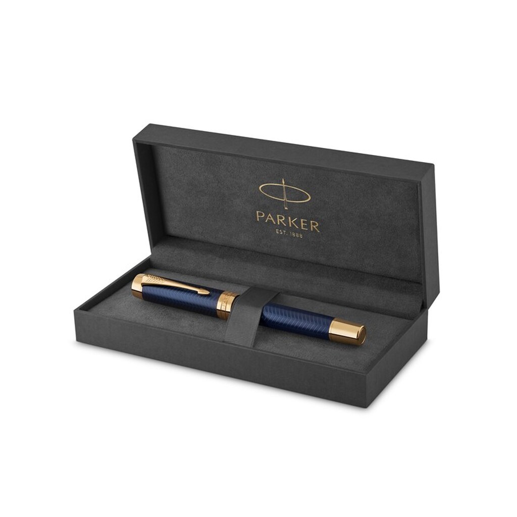 Parker Duofold Centennial-fyldepen | prestige-blå vinkelmønster | medium spids i rent guld | sort blæk og converter| kvalitetsgaveæske