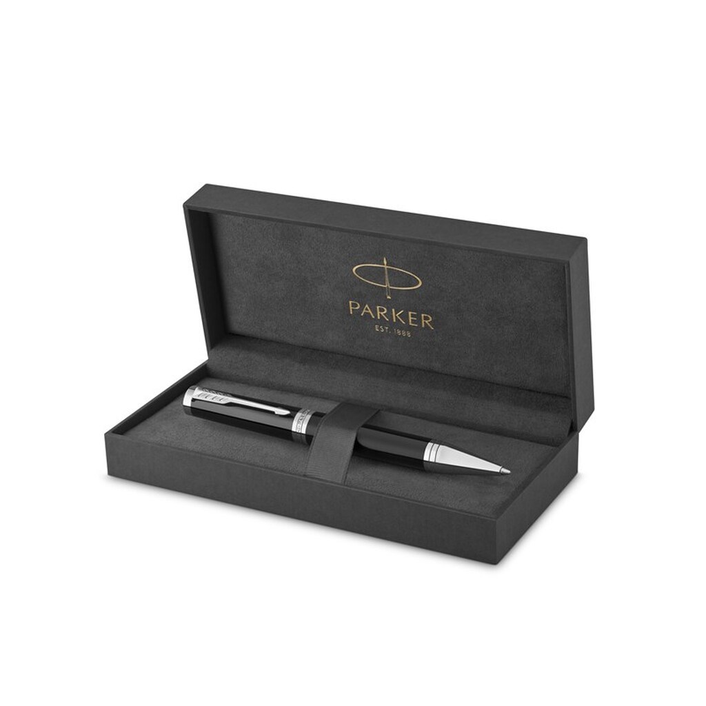 Parker Ingenuity kuglepen | Core Collection | Sort med kromkant | Medium Point med sort blæk | Gaveæske