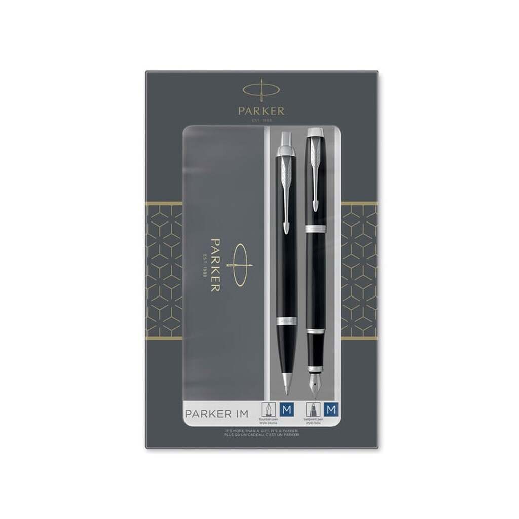 Parker IM dobbelt sæt med fyldepen og kuglepen med sort lak med detaljer i krom, medium spids med blå blæk, gavesæt