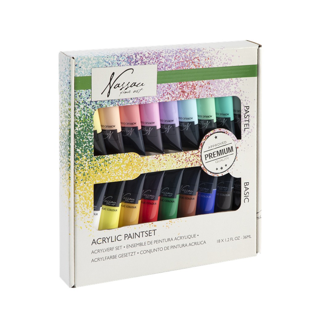 Nassau Paint acrylic 18 x 36 ml 9x bright/9x pastel