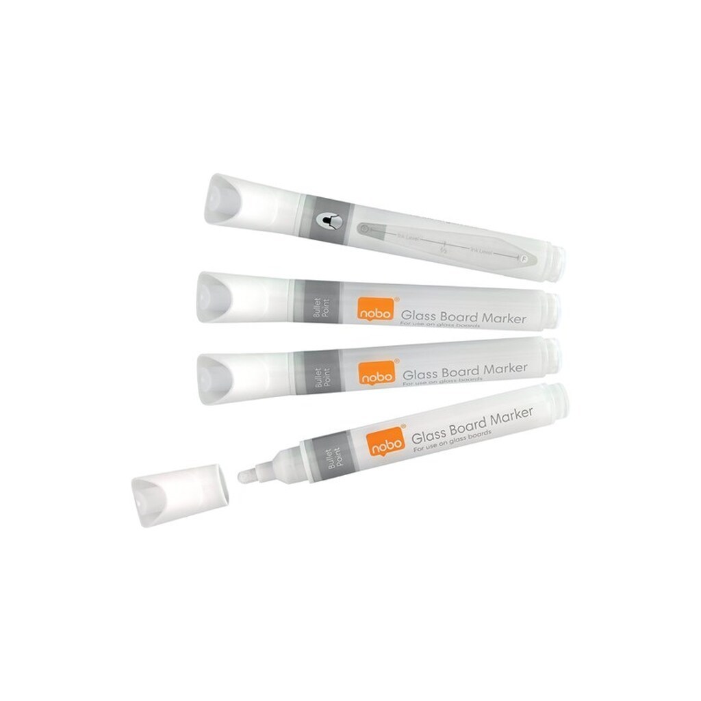 Nobo  whiteboardpenne med flydende blæk til glas-whiteboardtavler, med kuglespids 4 stk Hvid