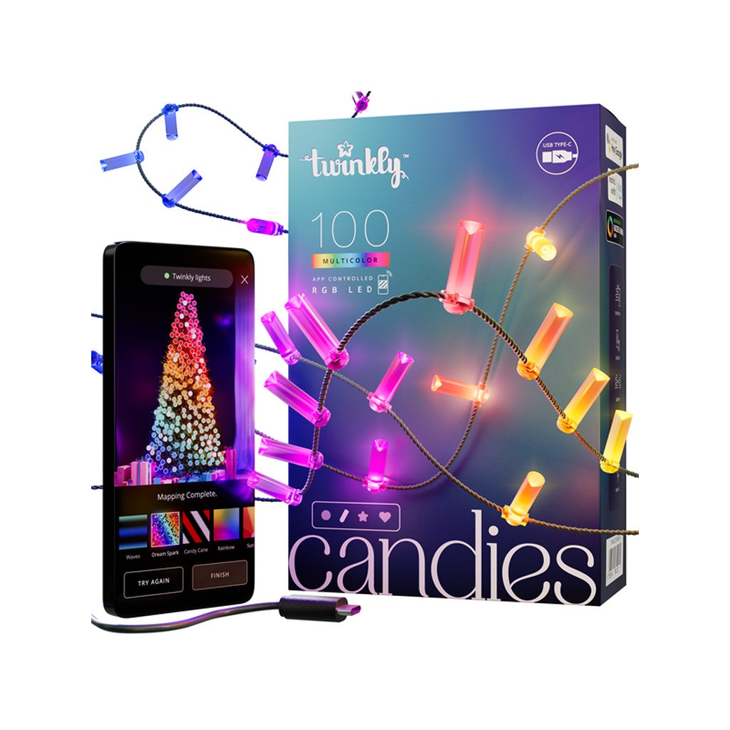 Twinkly Candies - 100 Candle-shaped RGB LEDs Green Wire USB-C