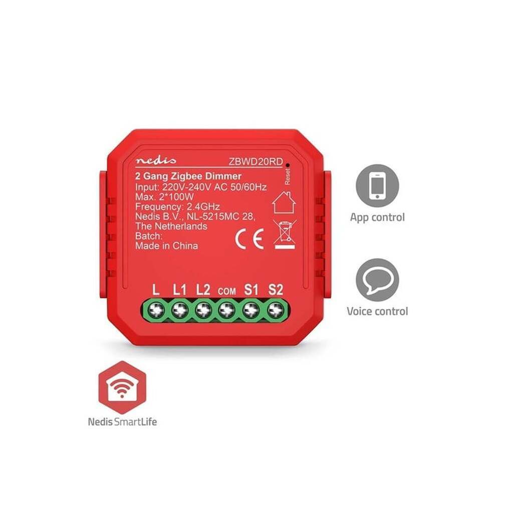 Nedis SmartLife Afbryder, Zigbee 3.0, 2x100 W, Terminalforbindelse, Rød