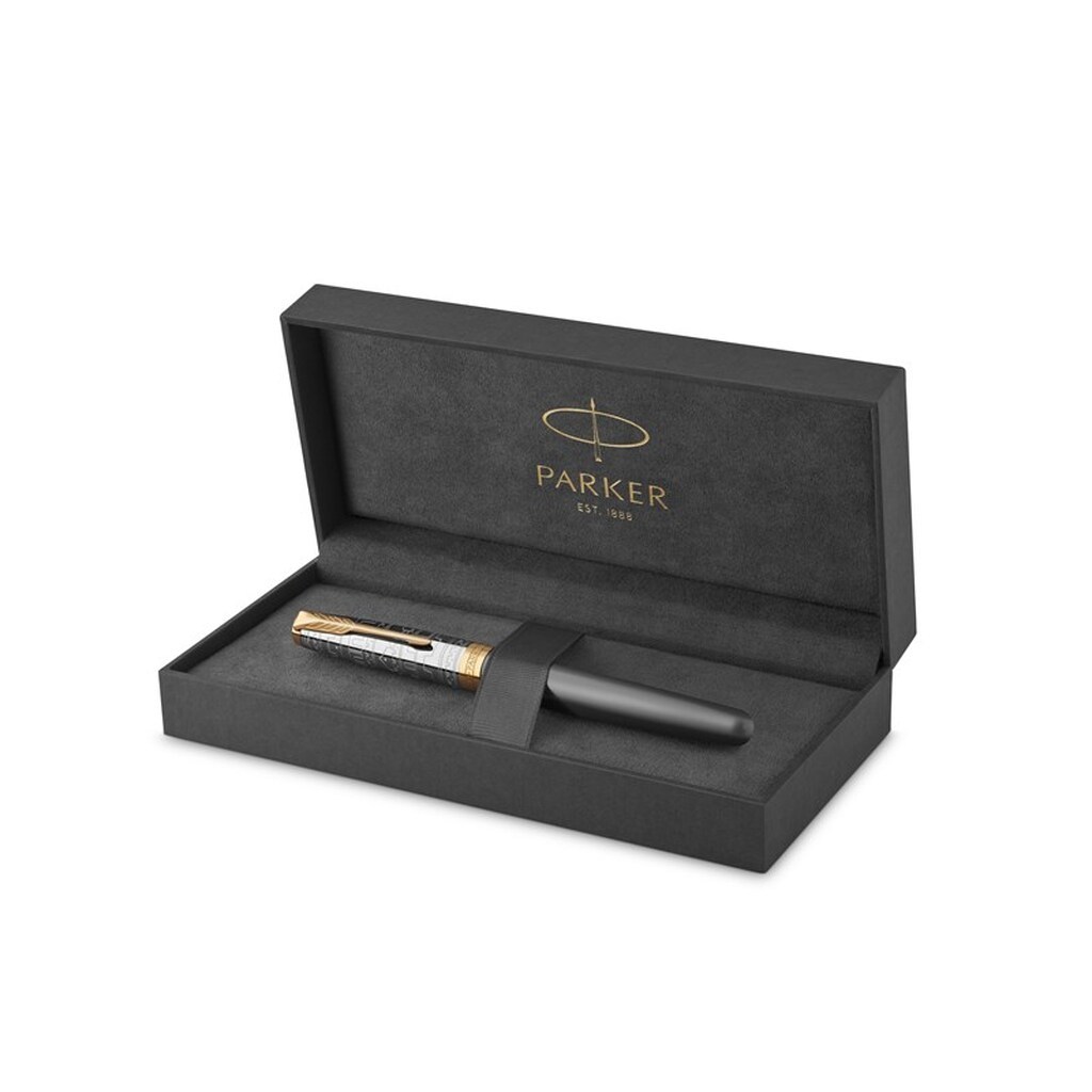 Parker Sonnet Intrerpid Journeys Collection Fyldepen, Ancient China Edition, Grålakeret med massiv sølvhætte &amp; guldbeklædning, Medium massiv guldspids, Gaveæske